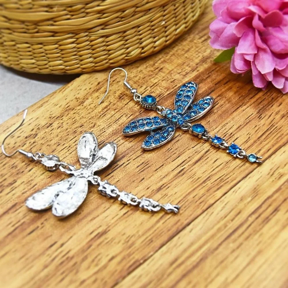 Blue Statement Dragonfly Earrings